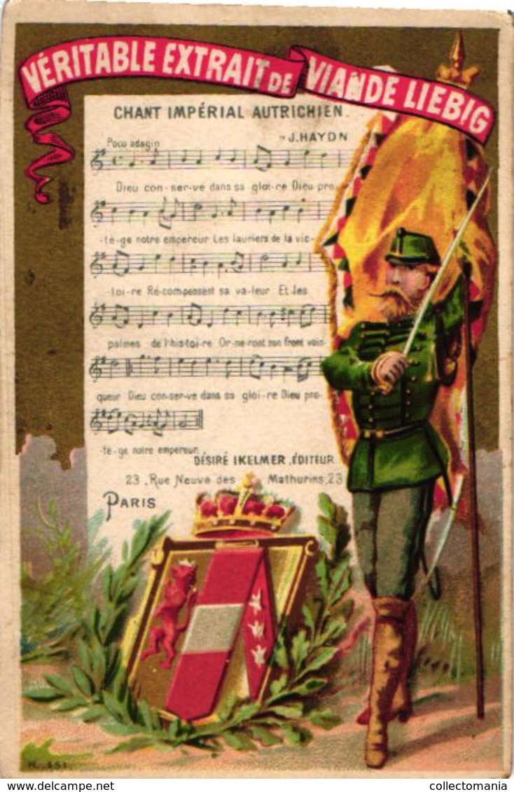 0090 LIEBIG's 90 -  8 Chromos 11c5X8cm Hymnes Nationaux, Flag Standard, Music Notes,  VERY RARE Complete Set Anno 1875 - Liebig