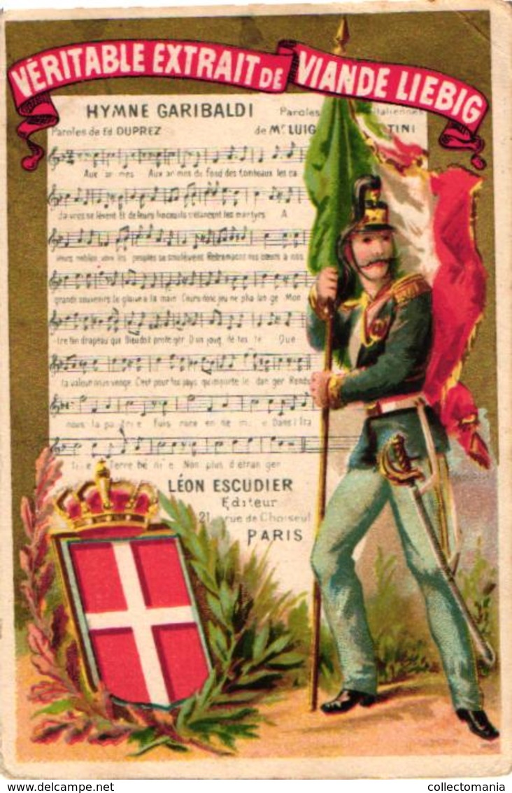 0090 LIEBIG's 90 -  8 chromos 11c5X8cm Hymnes Nationaux, flag standard, music notes,  VERY RARE complete set anno 1875