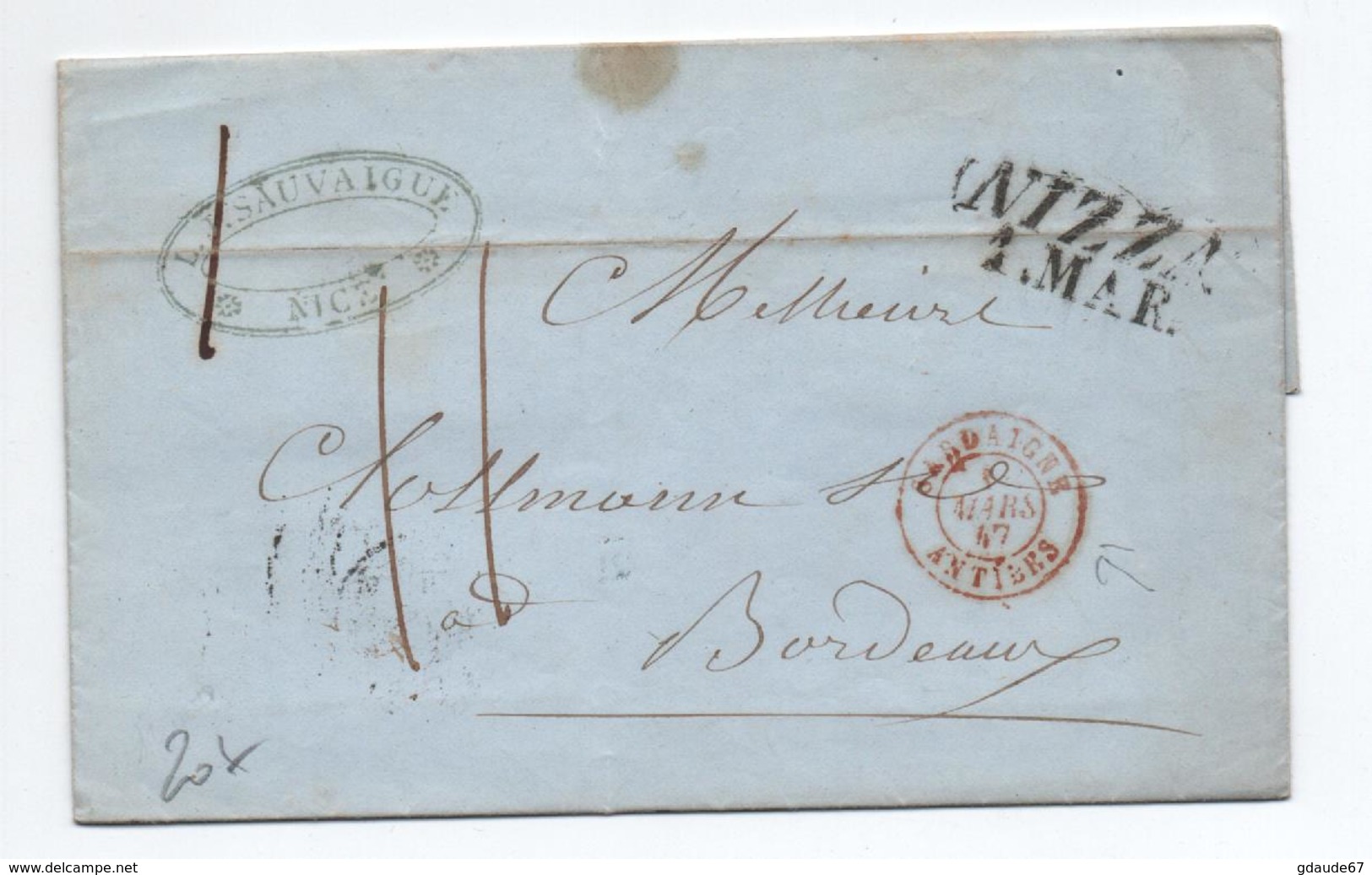 1847 - LETTRE DE NICE / NIZZA Pour BORDEAUX Avec CACHET D'ENTRE ROUGE SARDAIGNE / ANTIBES - 1801-1848: Précurseurs XIX