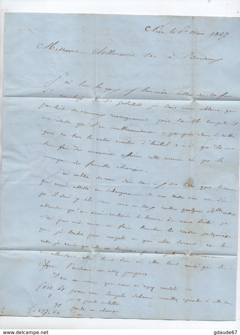 1847 - LETTRE DE NICE / NIZZA Pour BORDEAUX Avec CACHET D'ENTRE ROUGE SARDAIGNE / ANTIBES - 1801-1848: Précurseurs XIX