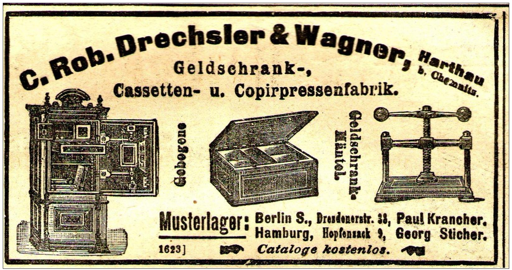 Original-Werbung/ Anzeige 1904 - GELDSCHRANK-FABRIK / DRECHSLER &amp; WAGNER - HARTHAU BEI CHEMNITZ - Ca. 100 X 50 Mm - Publicités