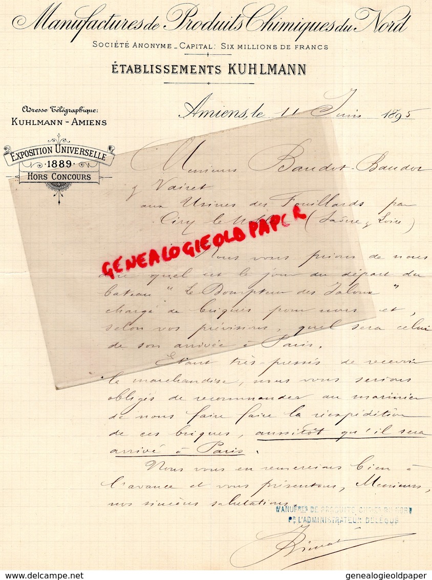 80- AMIENS- RARE LETTRE MANUSCRITE SIGNEE KUHLMANN- MANUFACTURE PRODUITS CHIMIQUES DU NORD- EXPOSITION UNIVERSELLE 1889 - 1800 – 1899