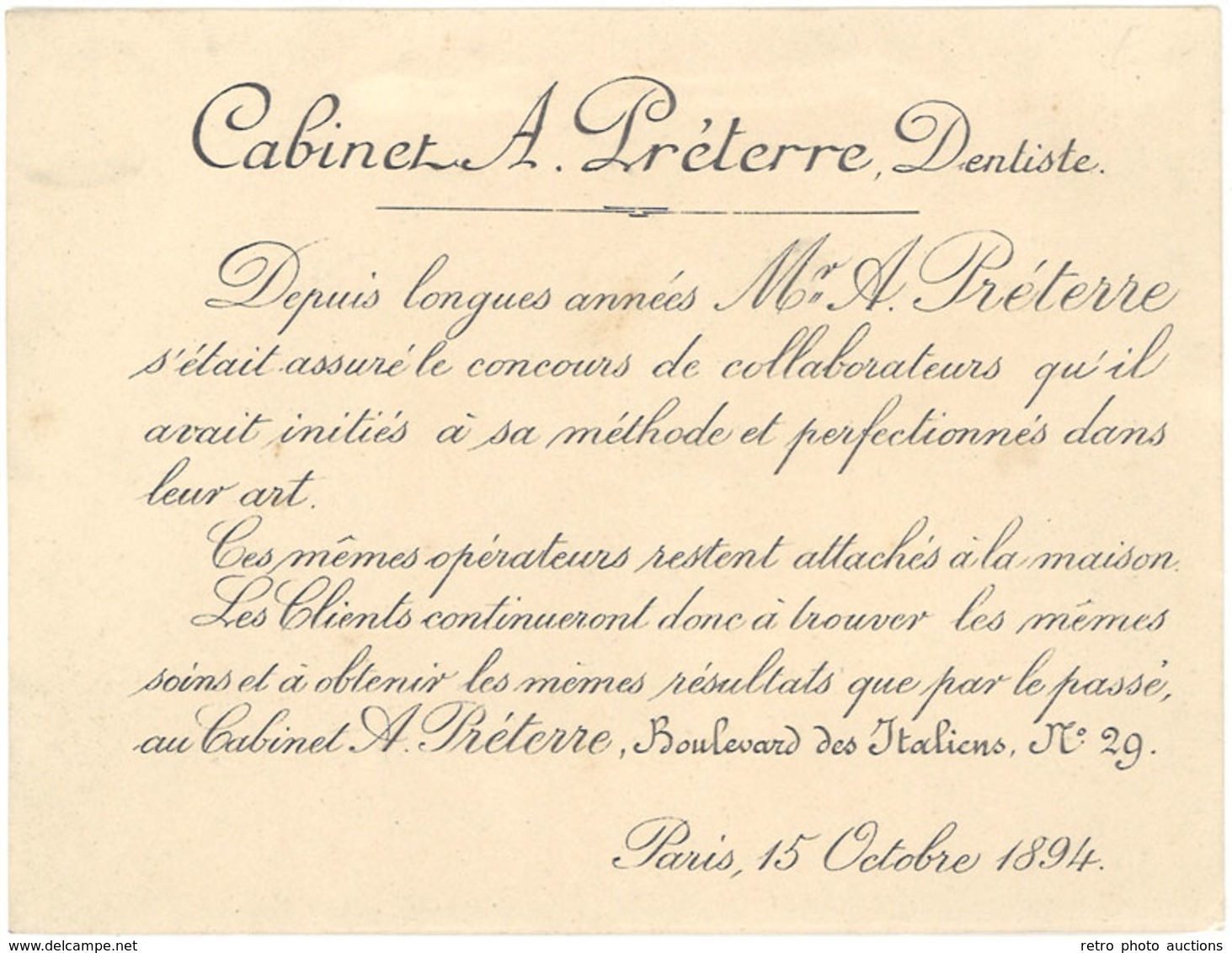 TB Carte Cabinet A. Préterre, Dentiste, Paris, 1894 - Religion & Esotericism