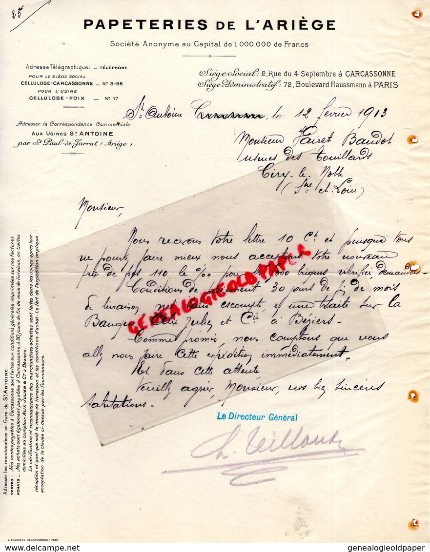 09- ST SAINT PAUL DE JARRAT- LETTRE MANUSCRITE SIGNEE PAPETERIES DE L' ARIEGE- USINES SAINT ANTOINE- 1913 - Drukkerij & Papieren