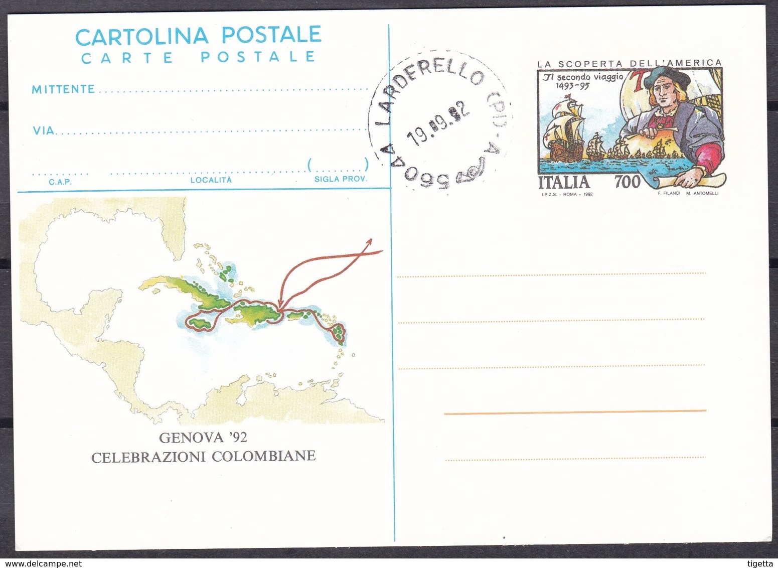 ITALIA REPUBBLICA CARTOLINA POSTALE CELEBRAZIONI COLOMBIANE IL SECONDO VIAGGIO ANNO 1992 - Interi Postali