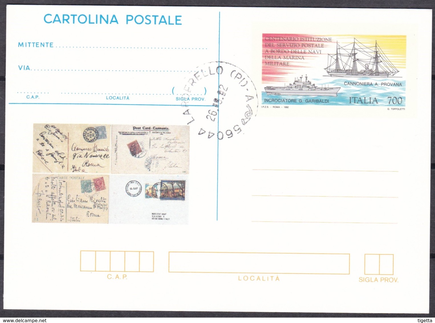 ITALIA REPUBBLICA CARTOLINA POSTALE CENTENARIO ISTITUZIONE SERVIZIO POSTALE A BORDO DELLE NAVI   ANNO 1992 - Interi Postali