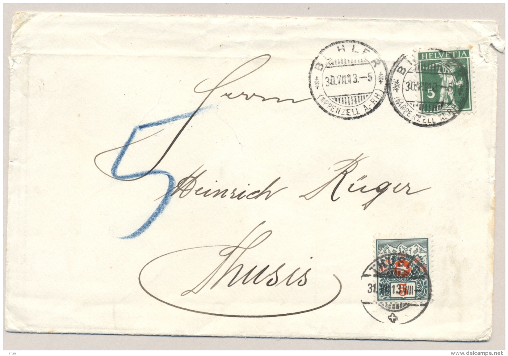 Schweiz - 1913 - 5c Postage Due On Taxed Cover From Buhler To Thüsis - Strafportzegels