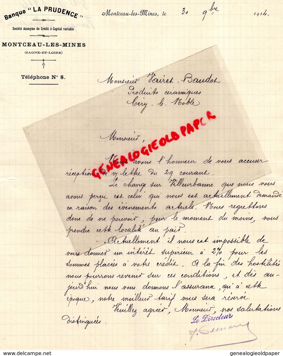 71- MONTCEAU LES MINES- RARE LETTRE MANUSCRITE BANQUE LA PRUDENCE- 1914 - Bank & Versicherung