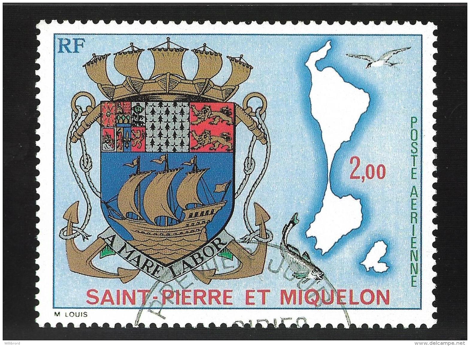 Saint-Pierre Et Miquelon - Image Of  The 2F Map &amp; Coat Of Arms Stamp Illustrates A Postcard - Saint-Pierre-et-Miquelon