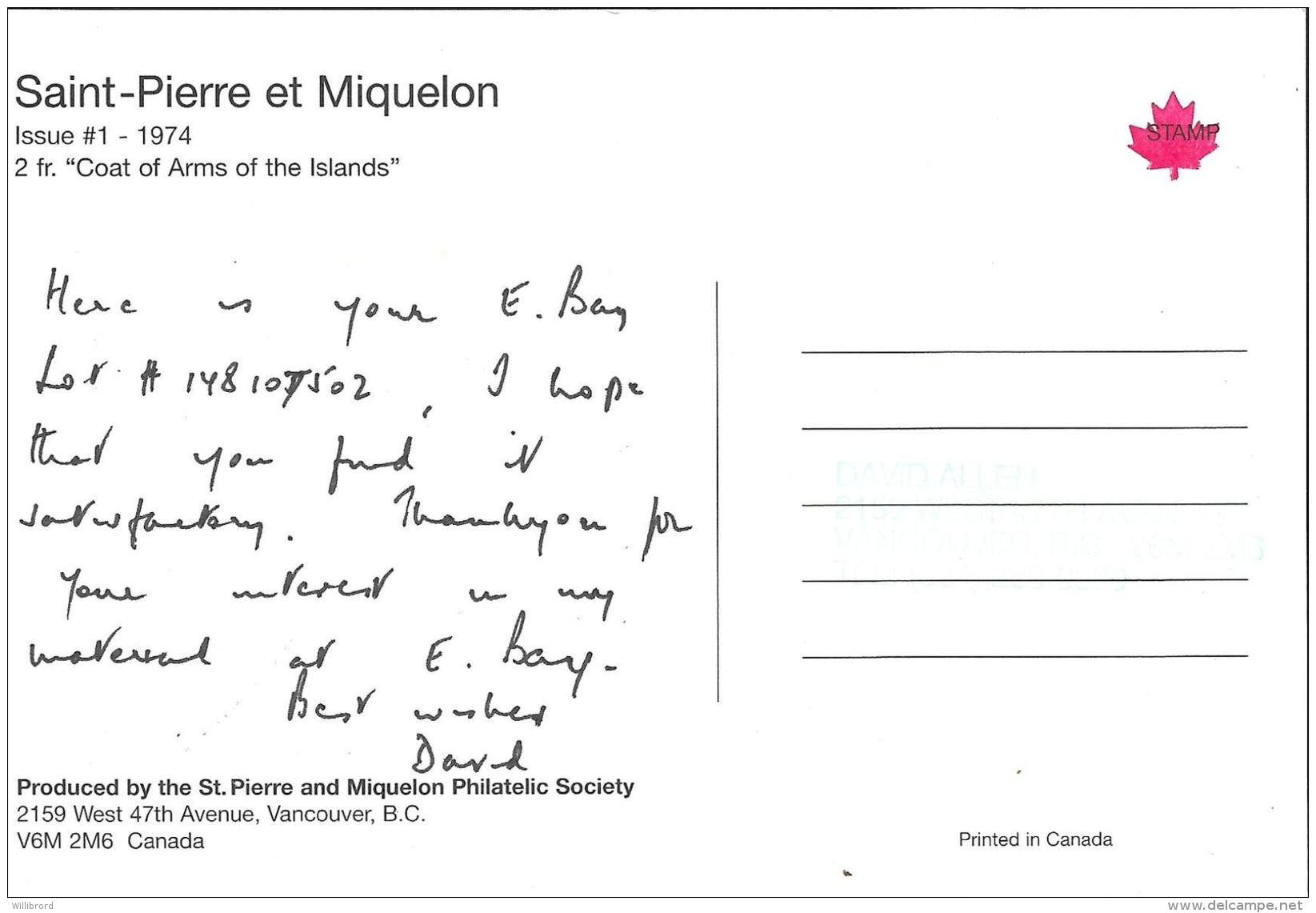 Saint-Pierre Et Miquelon - Image Of  The 2F Map &amp; Coat Of Arms Stamp Illustrates A Postcard - Saint-Pierre-et-Miquelon