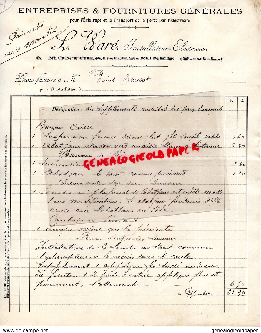 71-  MONTCEAU LES MINES- RARE LETTRE MANUSCRITE L. WARE- ENTREPRISES FOURNITURES GENERALES ELECTRIQUE-ELECTRICITE- - Elektrizität & Gas