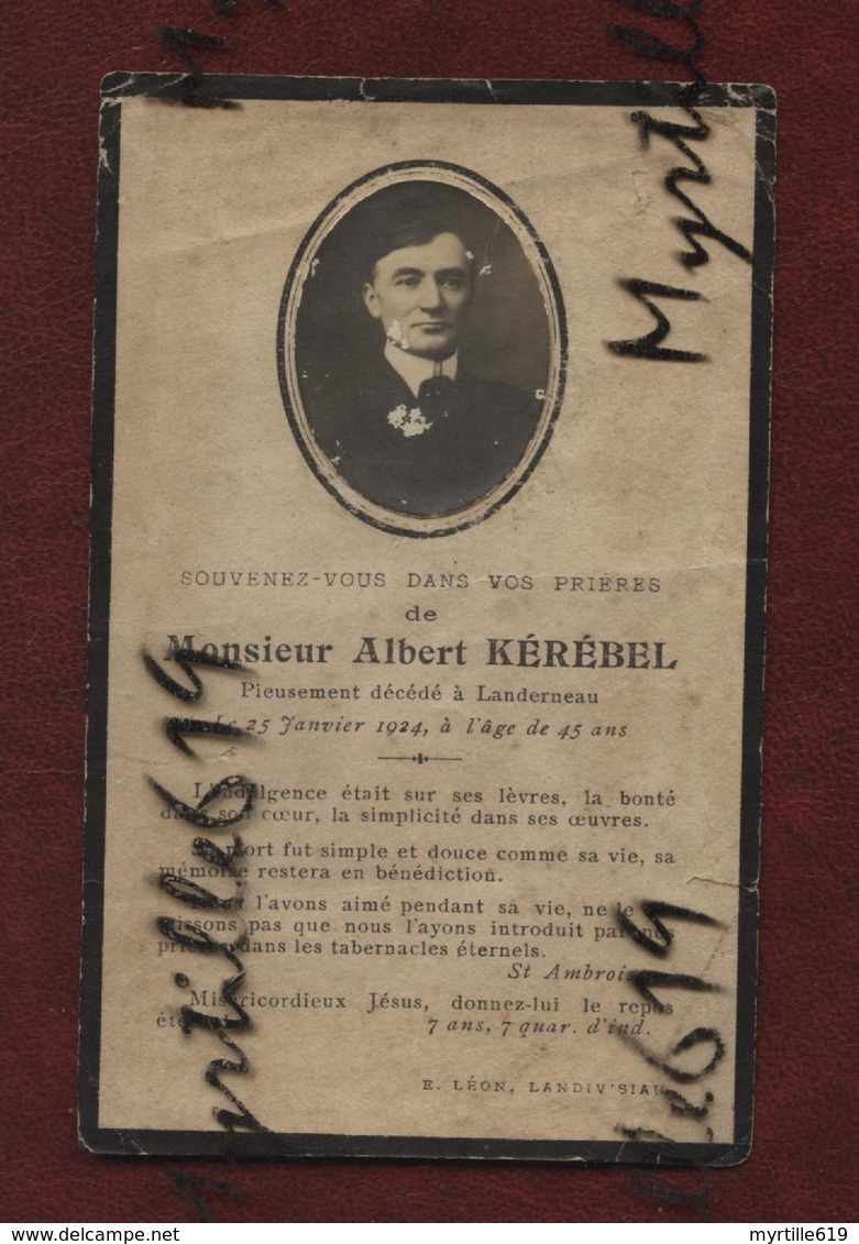 Faire-part De Décès - (1924) Memento - Monsieur Albert Kérébel - Décès