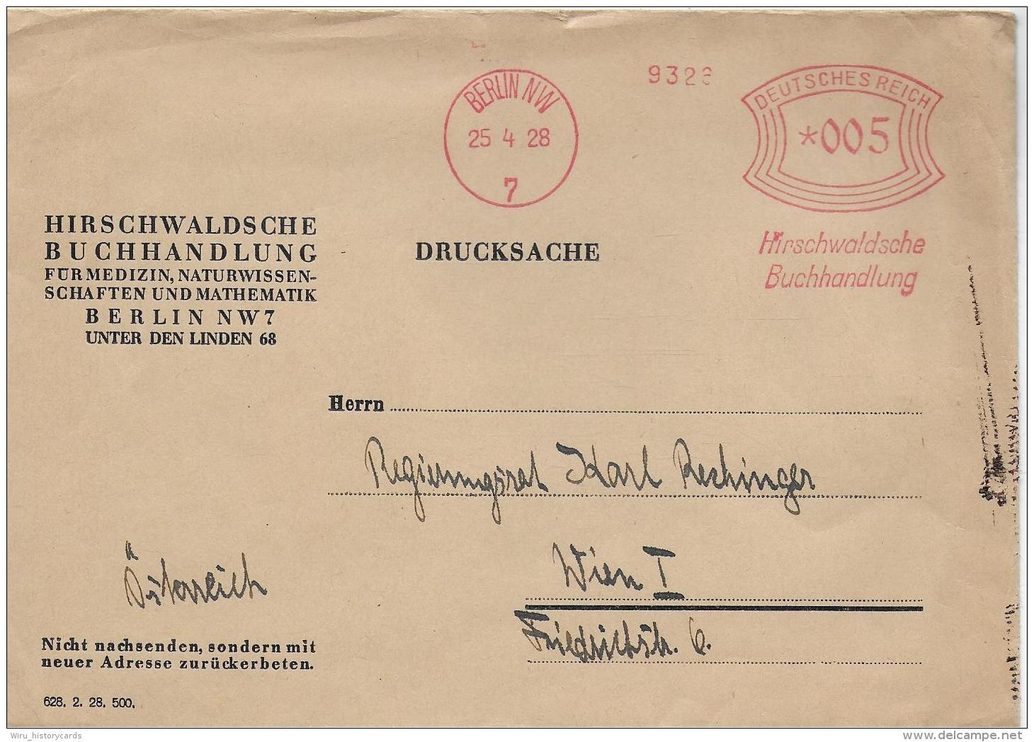 B1  Drucksache Deutsches Reich Hirschwaldsche Buchhandlung Nach Wien Um 1928 - Briefe U. Dokumente