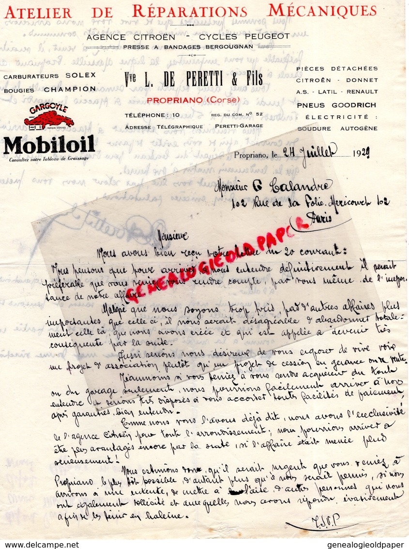 20- PROPRIANO-RARE LETTRE MANUSCRITE SIGNEE VVE L. DE PERETTI-GARAGE CITROEN-CYCLES PEUGEOT-VELO-SOLEX-MOBILOIL-1929 - Automobil