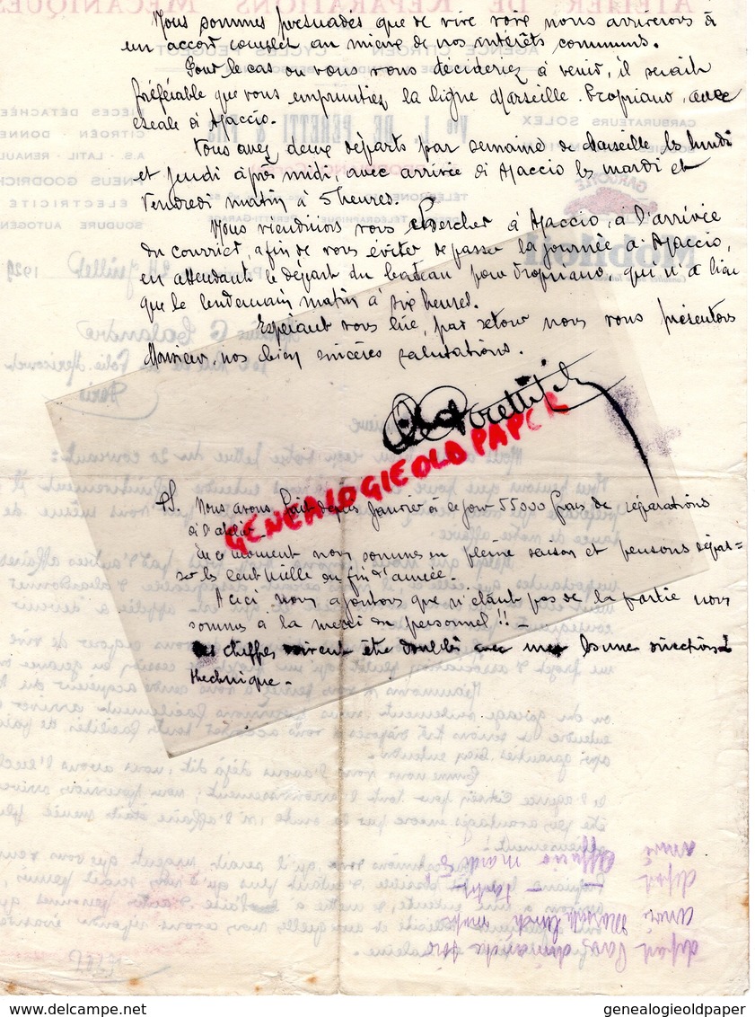 20- PROPRIANO-RARE LETTRE MANUSCRITE SIGNEE VVE L. DE PERETTI-GARAGE CITROEN-CYCLES PEUGEOT-VELO-SOLEX-MOBILOIL-1929 - Automovilismo