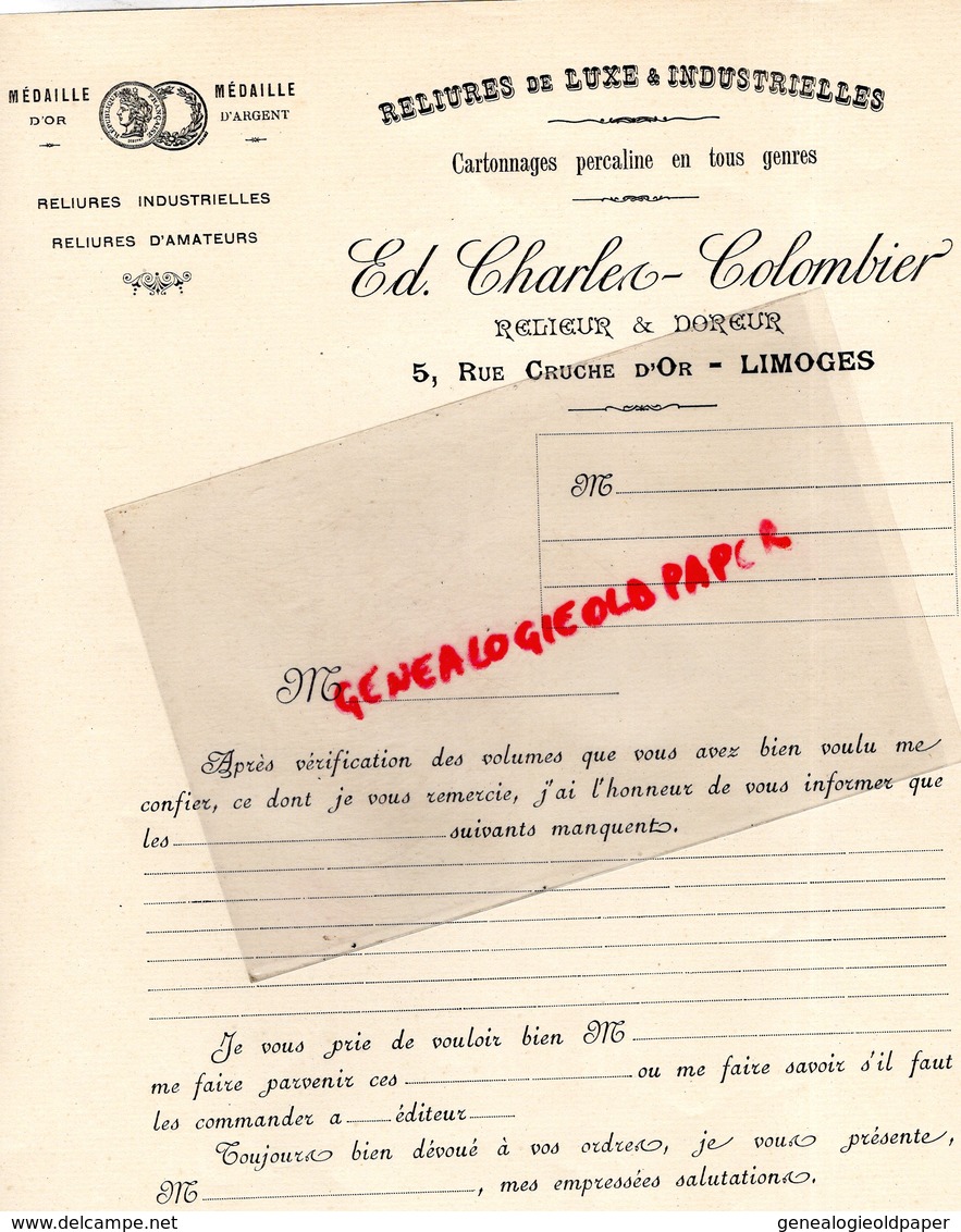 87- LIMOGES- RARE LETTRE ED. CHARLES COLOMBIER-RELIURES LUXE INDUSTRIELLES- RELIEUR DOREUR-5 RUE CRUCHE D' OR- - Imprimerie & Papeterie