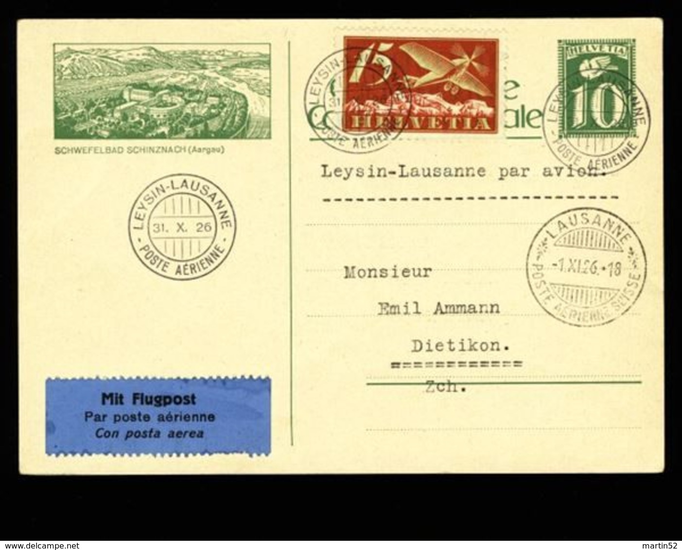 Suisse 1926LEYSIN>LAUSANNE 31.X.26 Avec Zu F3 Mi 179 Yv PA 3 Sur CP SCHWEFELBAD SCHINZNACH (Aargau) - Primi Voli