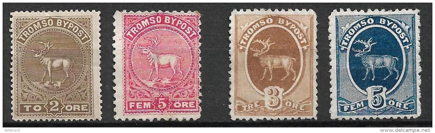 Norway - 4 Tromsø Local City Post Stamps (revenues, Fiscals) ~1880s  Moose Stag Elk Deer - Used Stamps