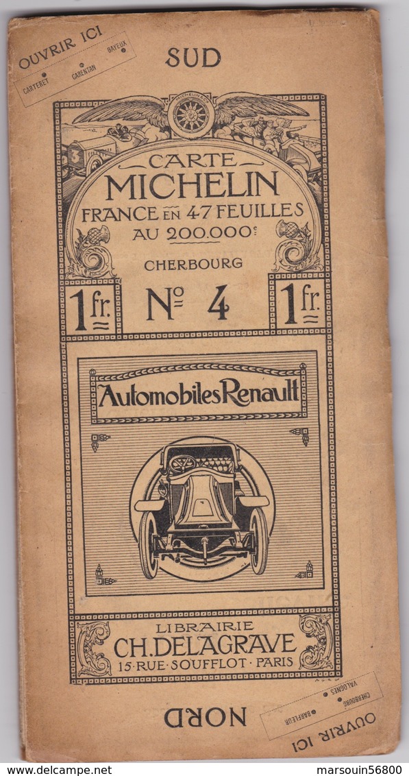 Carte Routiere Michelin N° 4 Cherbourg Carte Du Toile Publicite Auto Renault - Cartes Routières