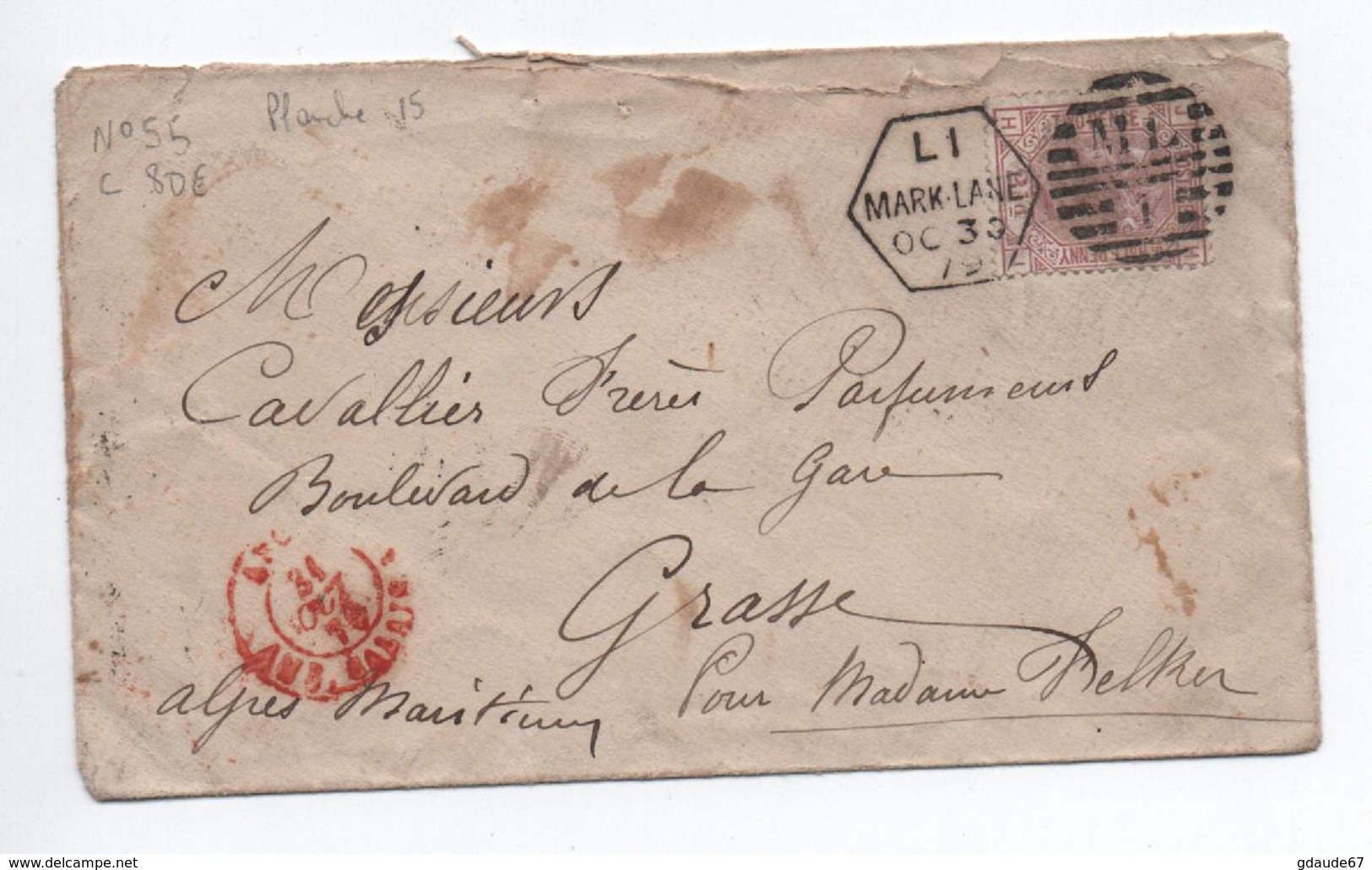 GRANDE BRETAGNE - 1879 - ENVELOPPE Avec YVERT N° 55 Pour GRASSE Avec CACHET ROUGE ANG AMB CALAIS - Marcofilie