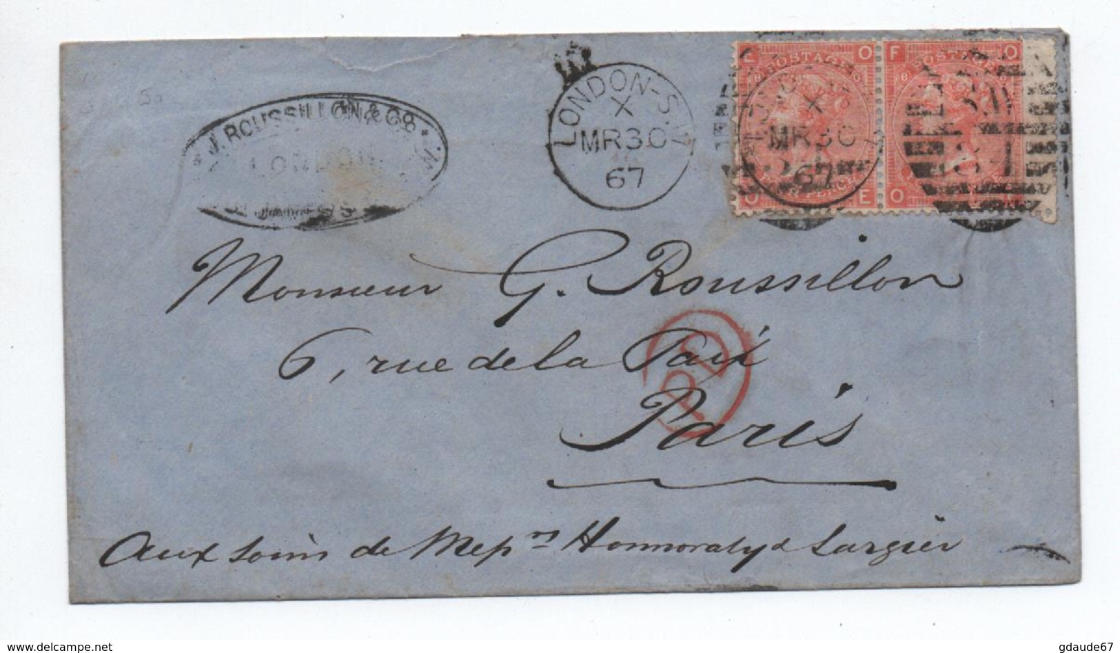 GRANDE BRETAGNE - 1867 - ENVELOPPE Avec PAIRE YVERT N° 32 Pour PARIS - Postmark Collection