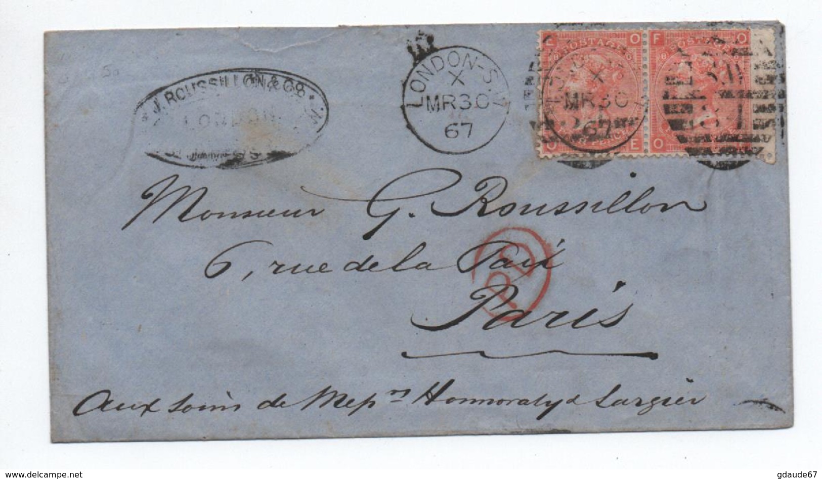 GRANDE BRETAGNE - 1867 - ENVELOPPE Avec PAIRE YVERT N° 32 Pour PARIS - Storia Postale