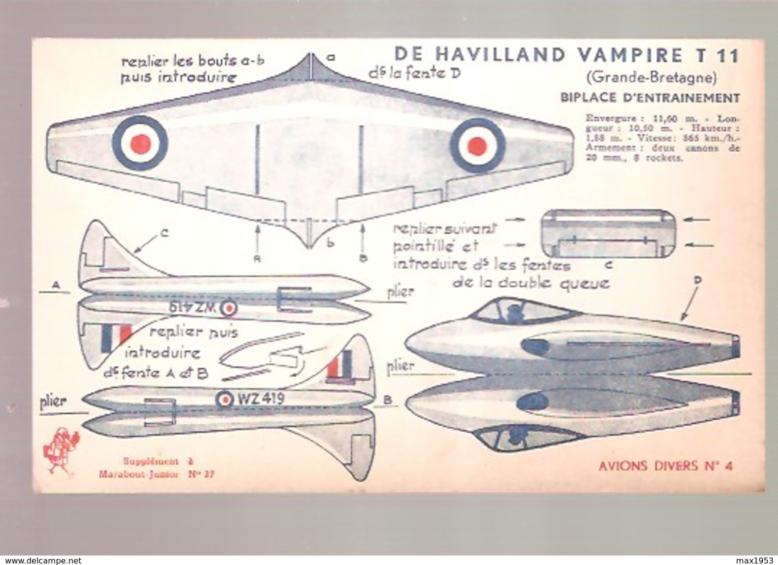 Supplément à Marabout Junior N°37 - Maquette - Avions Divers N°4 - DE HAVILLAND VAMPIRE T 11 - Marabout Junior