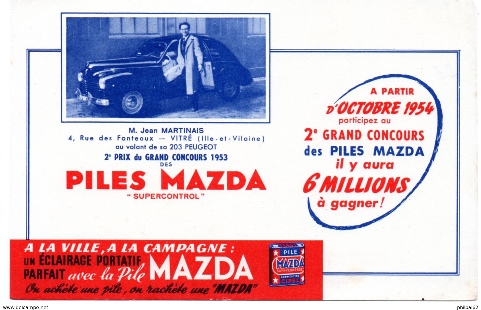 Buvard Piles Mazda, Grand Concours, Mr Martinais De Vitré, Gagnant. - Baterías