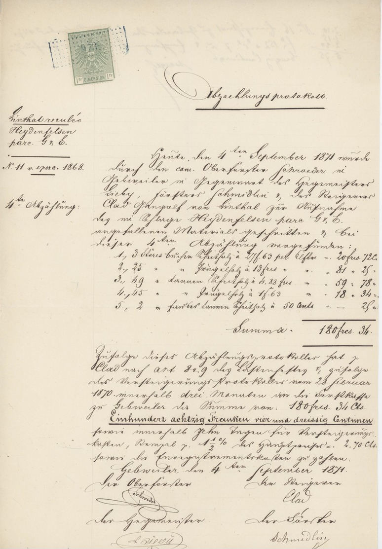 T.Fiscal Dimension Alsace Lorraine Guebwiller Y.T. N° 9 Linthal 1F. Vert - Other & Unclassified