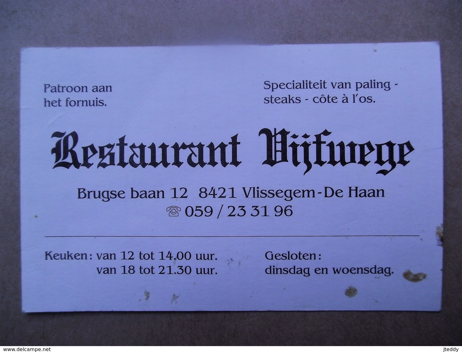 Oud Adres Kaartje Van Vorige Restaurant  VIJFWEGE   Vlissegem  - De Haan - Cartoncini Da Visita