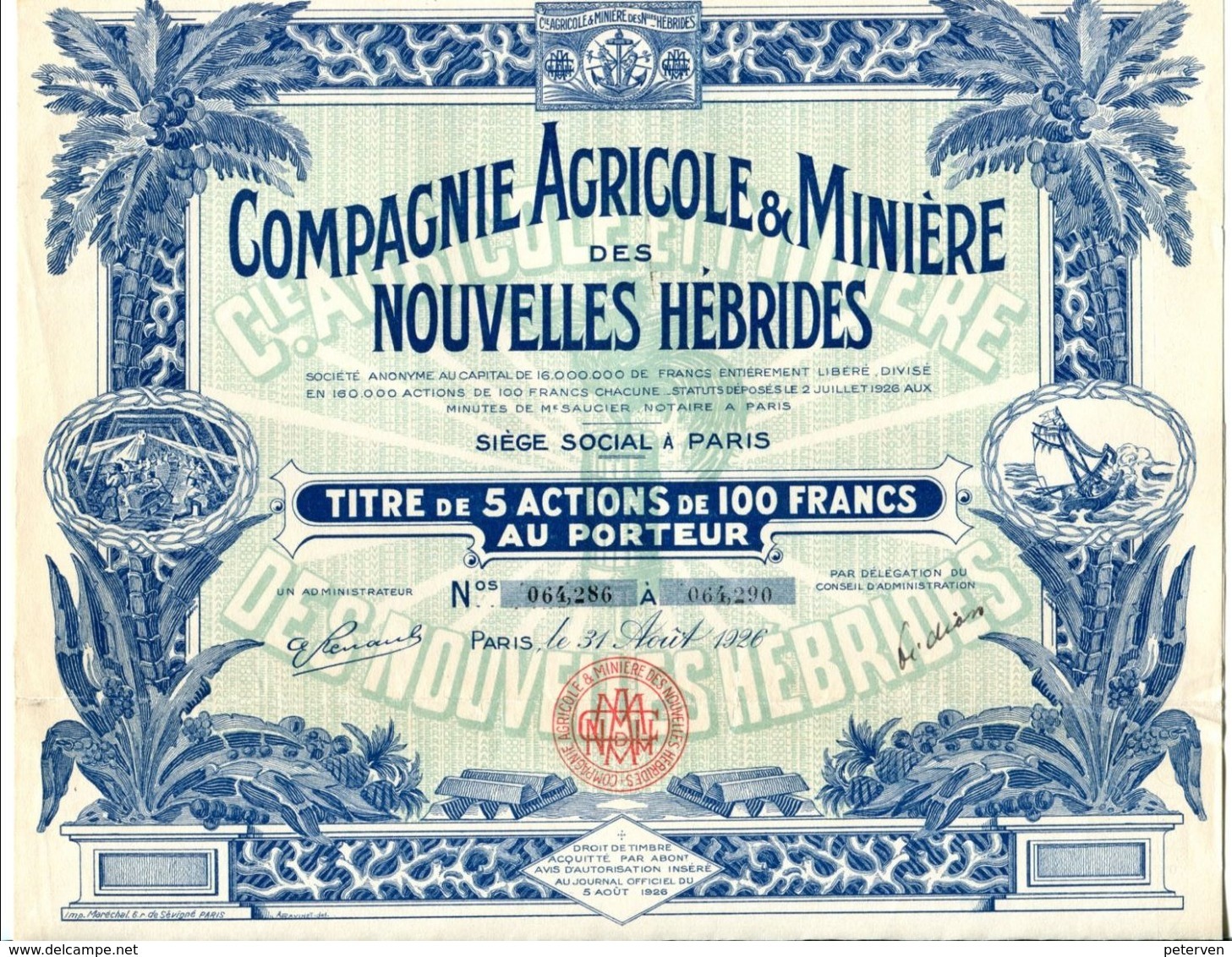 COMPAGNIE AGRICOLE & MINIÈRE Des NOUVELLES HÉBRIDES - Afrika