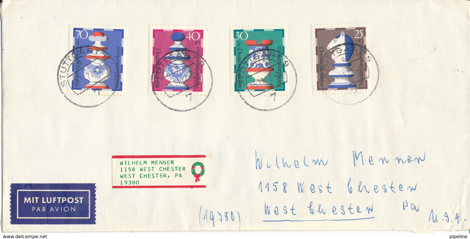 Germany Cover Sent Air Mail To USA Stuttgart 15-11-1972 With Complete Set CHESS Stamps - Chess