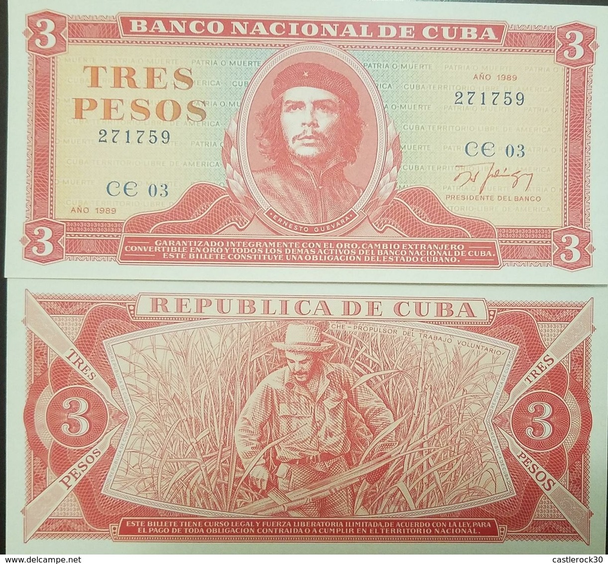 L) 1989 CUBA, BANKNOTES, ERNESTO GUEVARA, VOLUNTARY WORK, FARMING, RED, 3 PESOS, UNC - Cuba