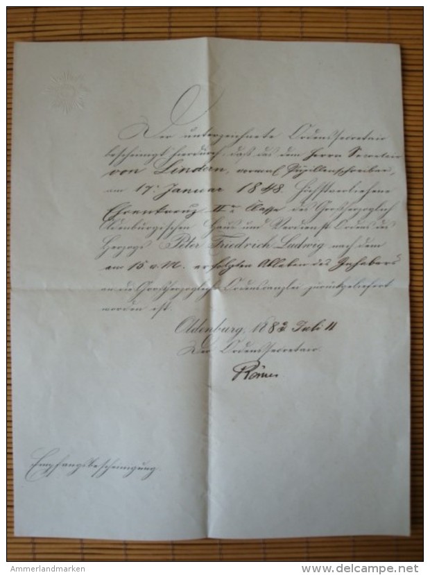 Grossherzogtum Oldenburg Empfangsbescheinigung Ehrenkreuz II. Klasse 1883, Original-Unterschrift Römer - Documents