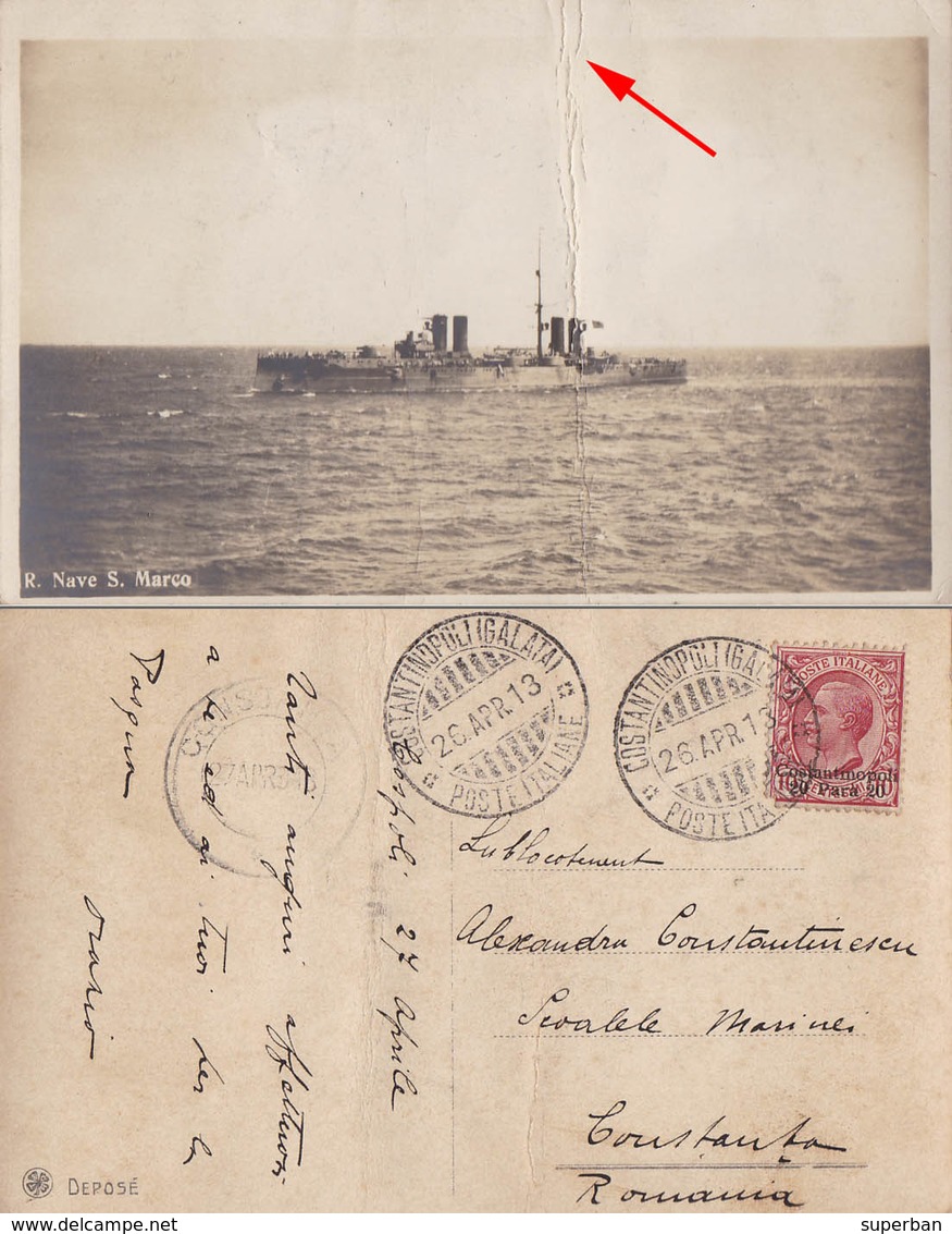 ARMOURED CRUISER / INCROCIATORE CORAZZATO " SAN MARCO " - ITALIAN POST In CONSTANTINOPLE - 26 APR 1913 (ab623) - Krieg