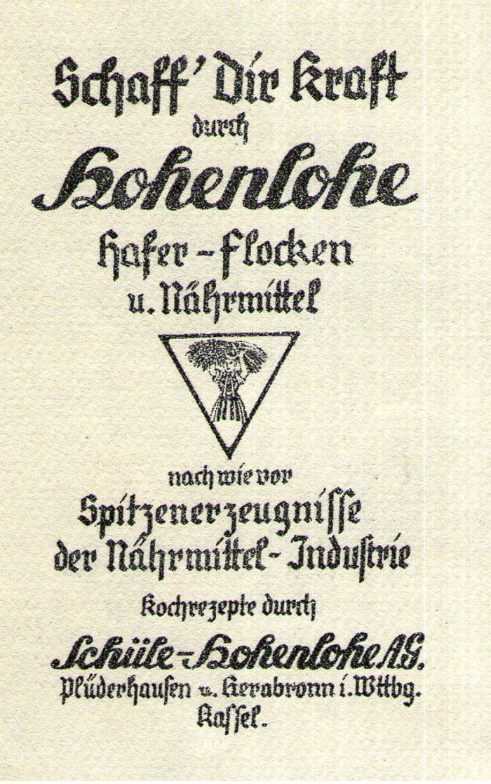 Original-Werbung/ Anzeige 1946 - HOHENLOHE HAFER-FLOCKEN / SCHÜLE HOHENLOHE - PLÜDERHAUSEN - Ca. 50 X 80 Mm - Werbung
