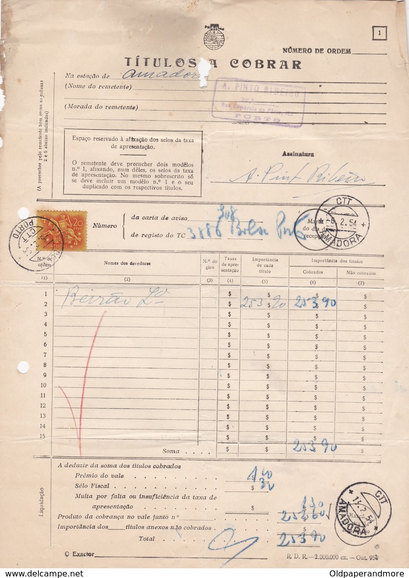 PORTUGAL STAMP - TÍTULOS A COBRAR - PORTO To AMADORA - Cartas & Documentos