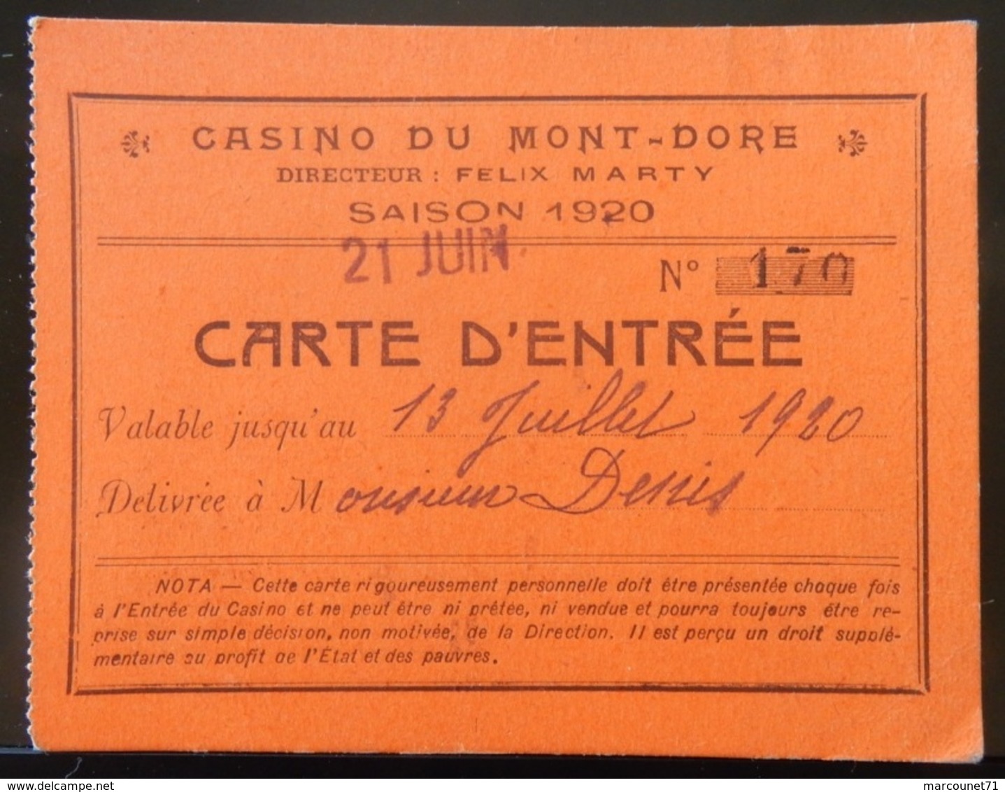 63 LE MONT DORE CASINO 1920 CARTE D’ENTRÉE - Biglietti D'ingresso