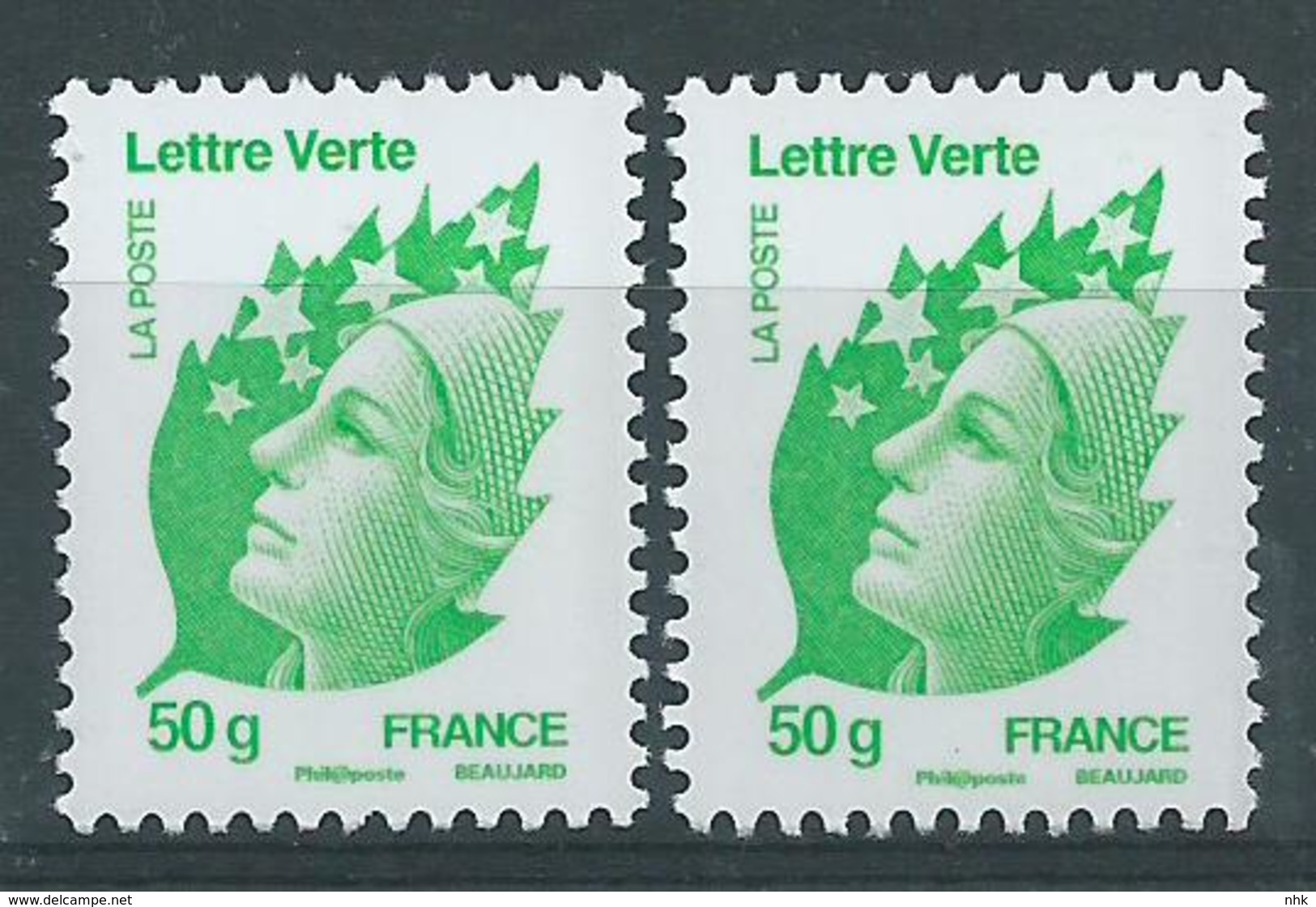 [22] Variété : N° 4594 Marianne De Beaujard Lettre Verte 50g Vert-jaune Clair + Normal ** - Nuovi