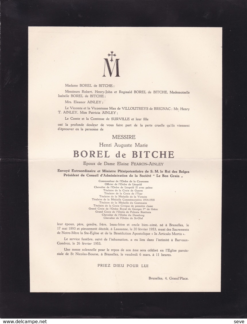 BARVAUX-CONDROZ Henri BOREL De BITCHE époux FEARON-AINLEY Diplomate Belge Président LE BON GRAIN 1893-1953 Lausanne - Avvisi Di Necrologio