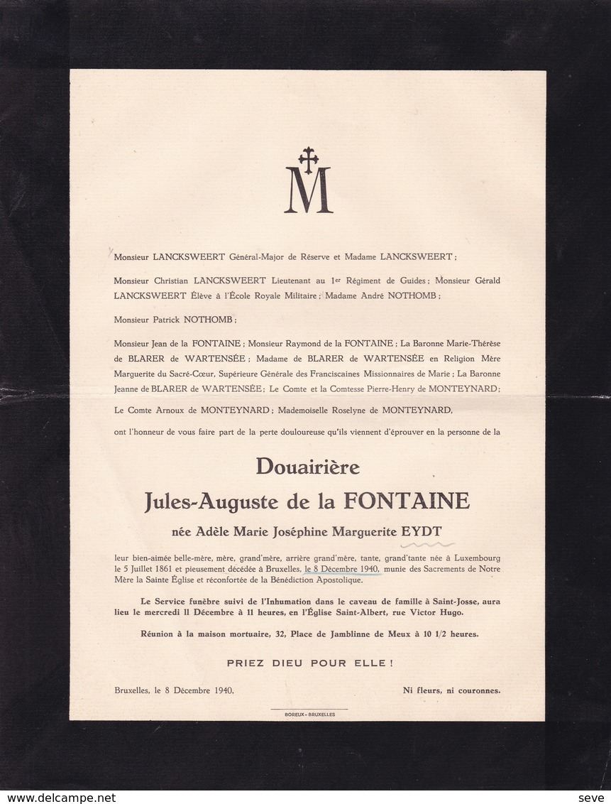 LUXEMBOURG SAINT-JOSSE Adèle EYDT 1861-1940 Veuve Jules-Auguste De La FONTAINE Famille NOTHOMB LANCKSWEERT - Décès