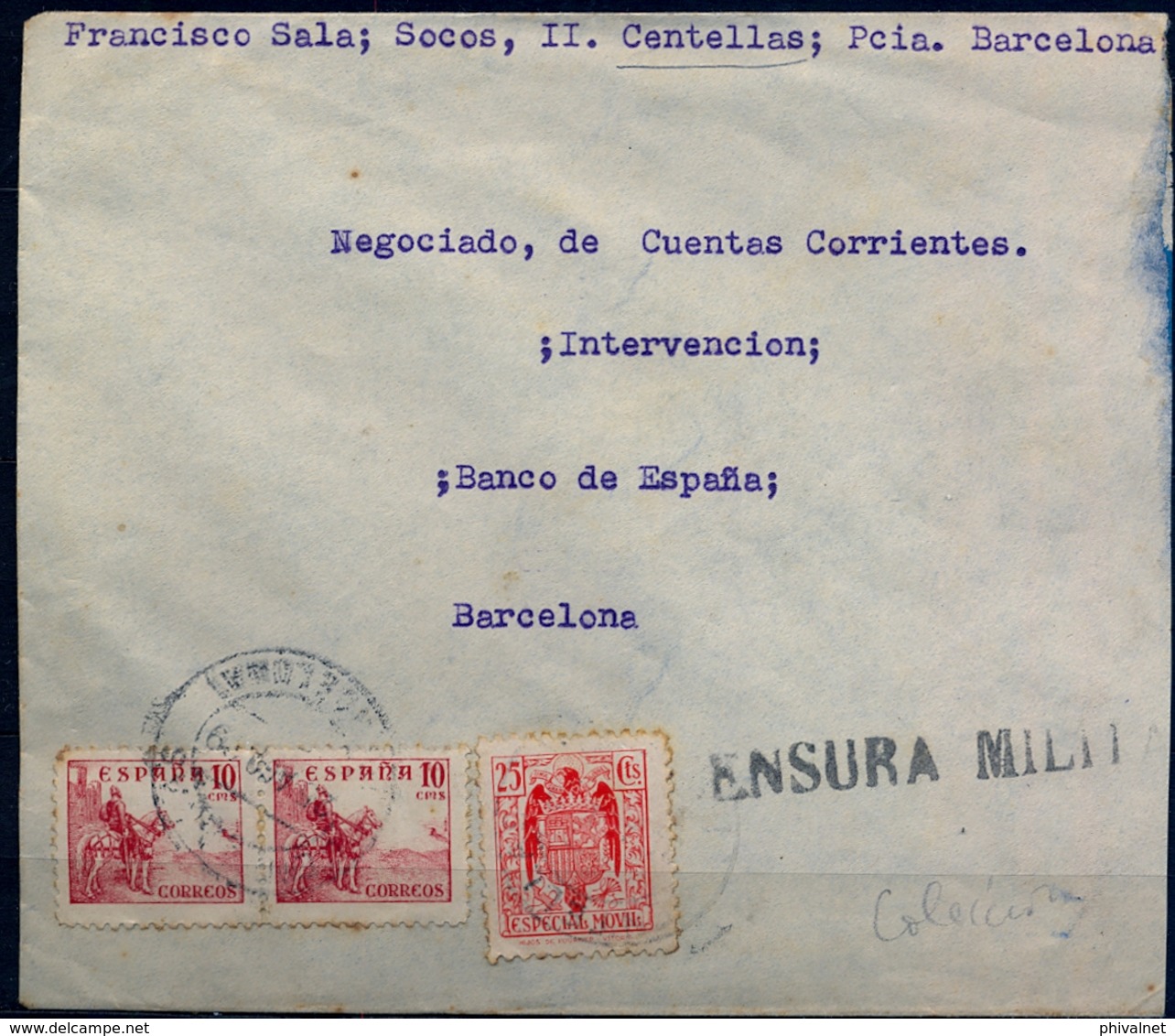 1939 , BARCELONA , SOBRE CON MARCA DE CENSURA MILITAR , FRANQUEO CON TIMBRE ESPECIAL MÓVIL - Cartas & Documentos