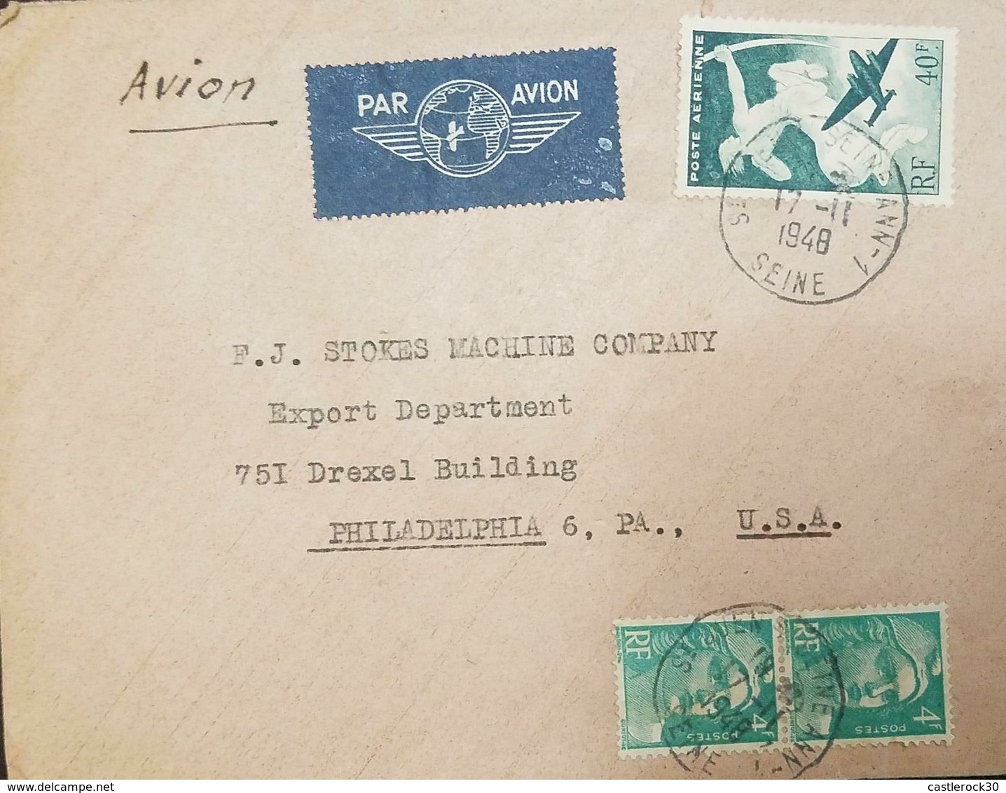 O) 1948 FRANCE, AIRMAIL, CENTAUR AND PLANE AP7 40F., MARIANNE 4F. TO PHILADELPHIA - 1927-1959 Covers & Documents