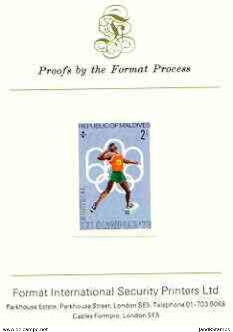 31115 Maldive Islands 1976 (Sport) Montreal Olympics 2l (Shot Putt) Imperf Proof Mounted On Format Proof Card - Malediven (1965-...)