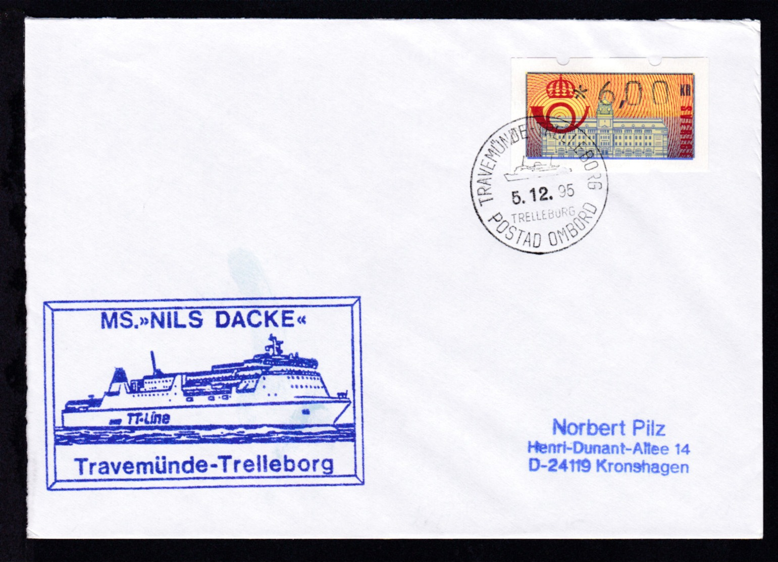 TRAVEMÜNDE-TRELLEBORG TRELLEBORG POSTAD OMBORD 5.12.95 + Cachet MS Nils Dacke - Sonstige & Ohne Zuordnung