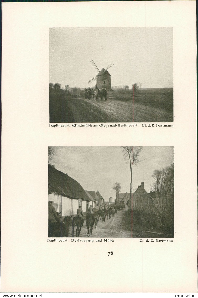 Haplincourt : Schlosshof Und Alte Kirche - Dorfausgang - Windmühle Am Wege Nach Bertincourt. - Estampes & Gravures