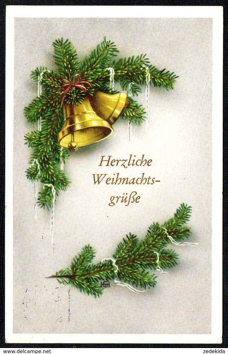 B3089 - Glückwunschkarte - Weihnachten - Tannenzweig Glocken - Gel 1962 - Sonstige & Ohne Zuordnung