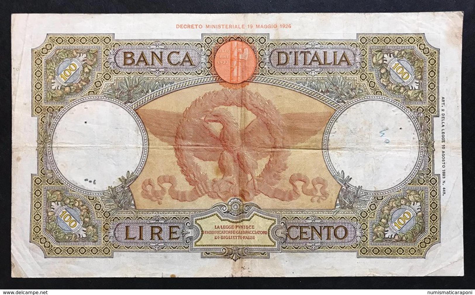 100 Lire Roma Guerriera Fascio Roma 19 07 1939 Q.bb  LOTTO 972 - 100 Lire