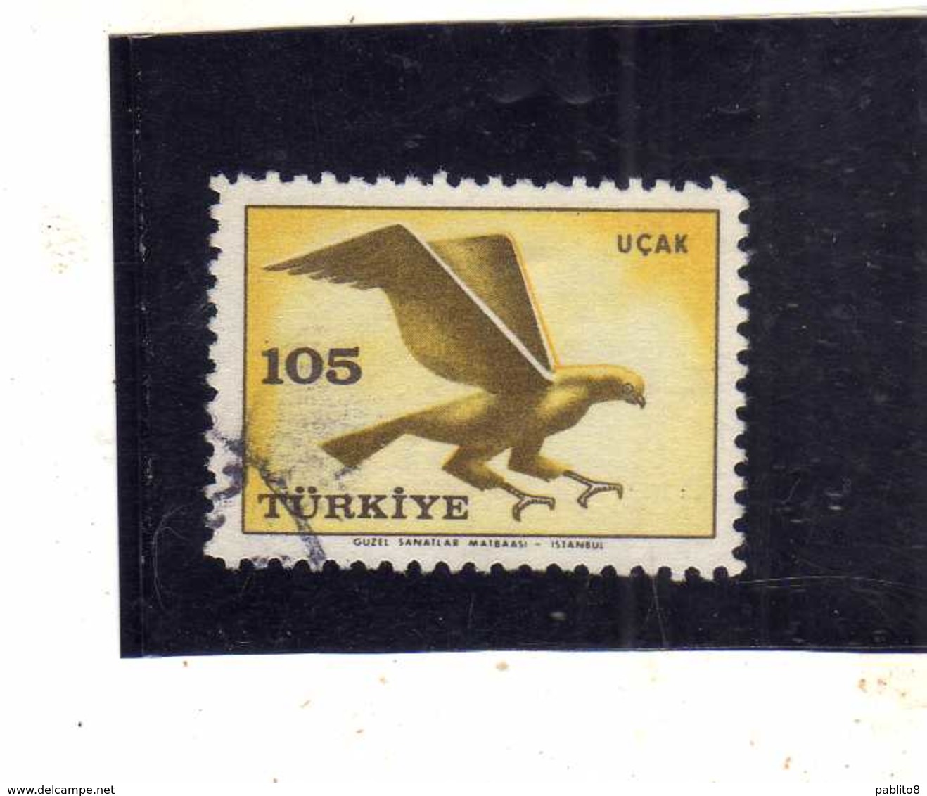 TURCHIA TURKÍA TURKEY 1959 AIR MAIL POSTA AEREA BIRD FAUNA AVICOLA BIRDS UCCELLI HAWK 105k USATO USED OBLITERE' - Airmail