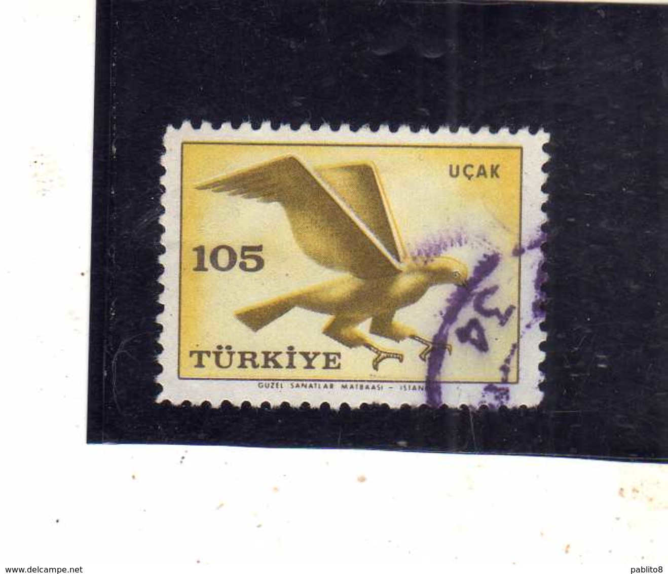 TURCHIA TURKÍA TURKEY 1959 AIR MAIL POSTA AEREA BIRD FAUNA AVICOLA BIRDS UCCELLI HAWK 105k USATO USED OBLITERE' - Airmail